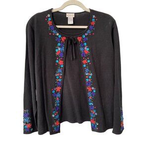Koret Vintage Y2K Top Sweater Medium Black Floral Embellished Front Tie Open